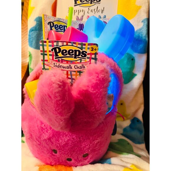 Peeps adorable pink Easter basket with 50 60 chick throw ,color book ,blue blow - Picture 5 of 5